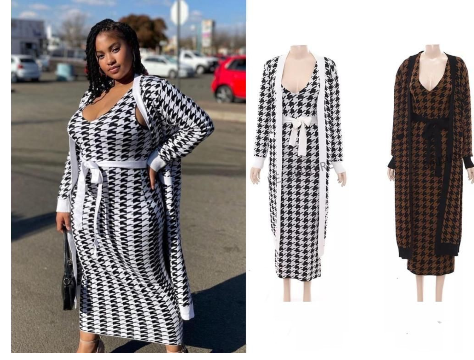 Two Piece Houndstooth Printed Dress Suit Long Cardigans & Tank Dress ...